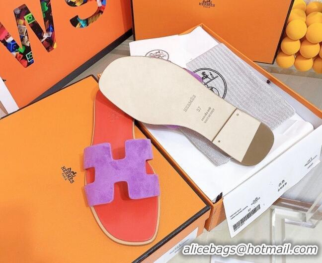 Good Product Hermes Oran Suede Flat Slide Sandals 121615 Purple/Orange