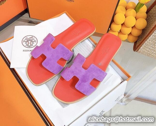 Good Product Hermes Oran Suede Flat Slide Sandals 121615 Purple/Orange