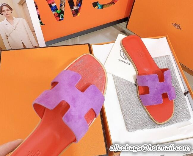 Good Product Hermes Oran Suede Flat Slide Sandals 121615 Purple/Orange