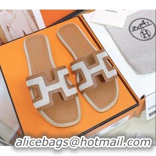 Shop Cheap Hermes Oran Perforated Flat Slide Sandals 1121610 White/Brown