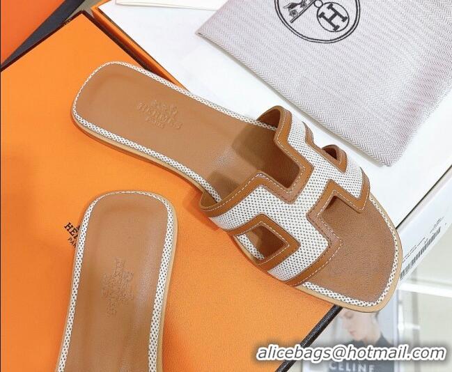 Shop Cheap Hermes Oran Perforated Flat Slide Sandals 1121610 White/Brown