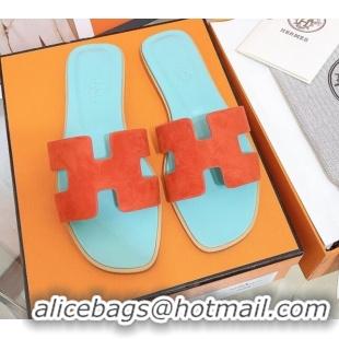 Grade Quality Hermes Oran Suede Flat Slide Sandals 121613 Orange/Blue