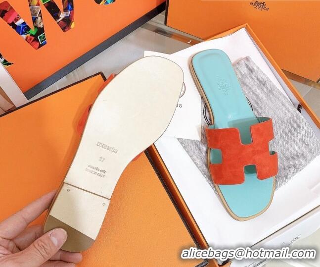 Grade Quality Hermes Oran Suede Flat Slide Sandals 121613 Orange/Blue