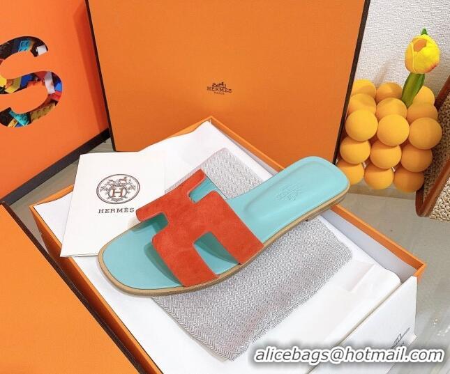 Grade Quality Hermes Oran Suede Flat Slide Sandals 121613 Orange/Blue