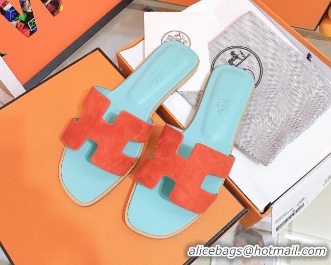 Grade Quality Hermes Oran Suede Flat Slide Sandals 121613 Orange/Blue