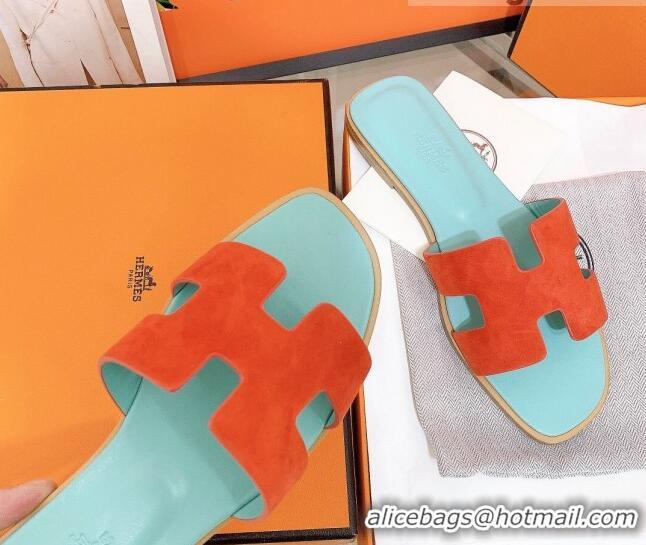 Grade Quality Hermes Oran Suede Flat Slide Sandals 121613 Orange/Blue