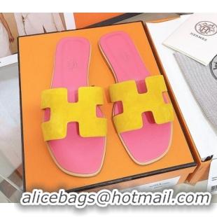 Best Grade Hermes Oran Suede Flat Slide Sandals 121613 Yellow/Pink