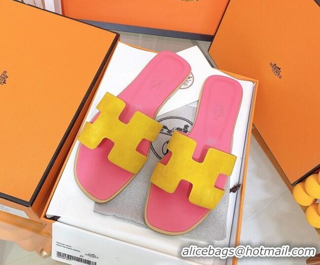 Best Grade Hermes Oran Suede Flat Slide Sandals 121613 Yellow/Pink