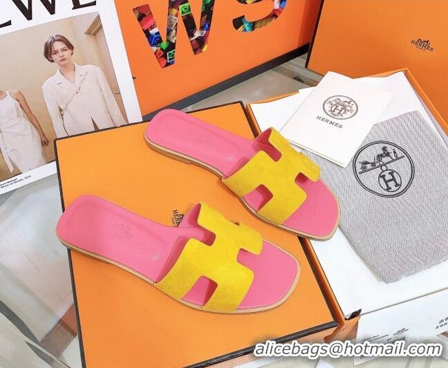 Best Grade Hermes Oran Suede Flat Slide Sandals 121613 Yellow/Pink