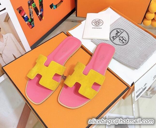 Best Grade Hermes Oran Suede Flat Slide Sandals 121613 Yellow/Pink