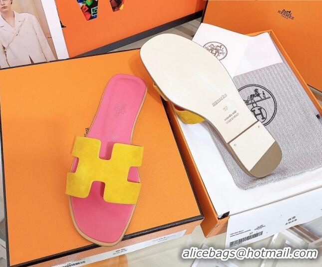 Best Grade Hermes Oran Suede Flat Slide Sandals 121613 Yellow/Pink