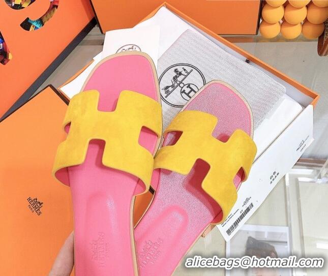 Best Grade Hermes Oran Suede Flat Slide Sandals 121613 Yellow/Pink