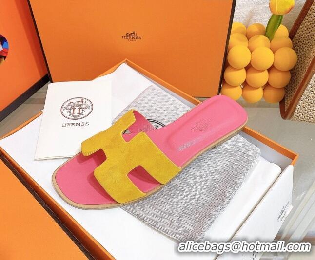 Best Grade Hermes Oran Suede Flat Slide Sandals 121613 Yellow/Pink