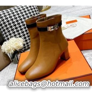 Super Quality Hermes Kelly Leather Ankle Boots 6.5cm 121616 Brown/Black/Silver