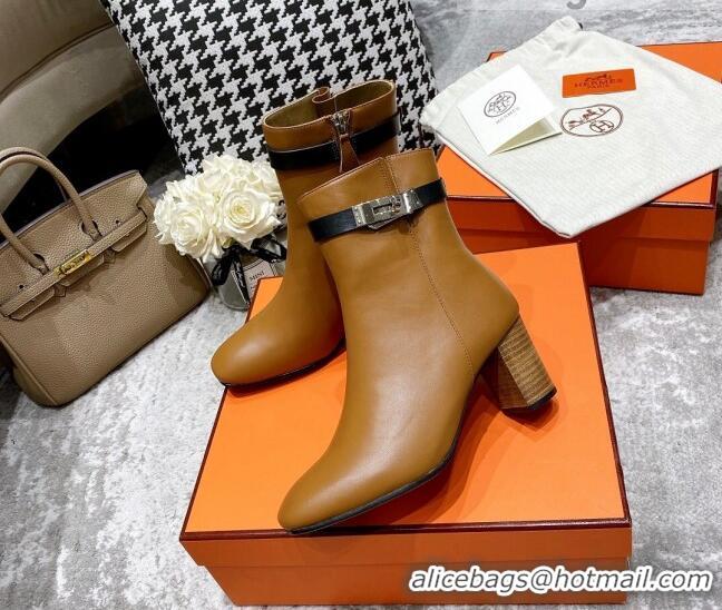 Super Quality Hermes Kelly Leather Ankle Boots 6.5cm 121616 Brown/Black/Silver