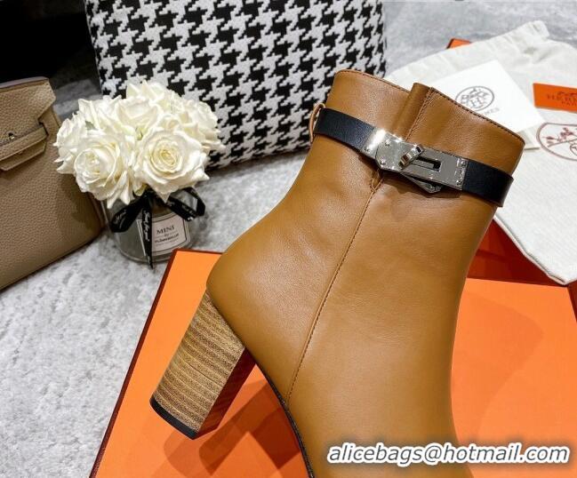 Super Quality Hermes Kelly Leather Ankle Boots 6.5cm 121616 Brown/Black/Silver