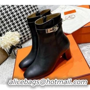 Perfect Hermes Kelly Leather Ankle Boots 6.5cm 121616 Black/Silver