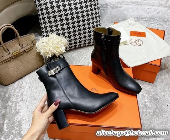 Perfect Hermes Kelly Leather Ankle Boots 6.5cm 121616 Black/Silver