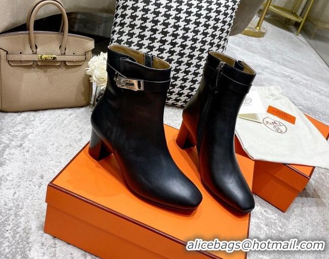 Perfect Hermes Kelly Leather Ankle Boots 6.5cm 121616 Black/Silver