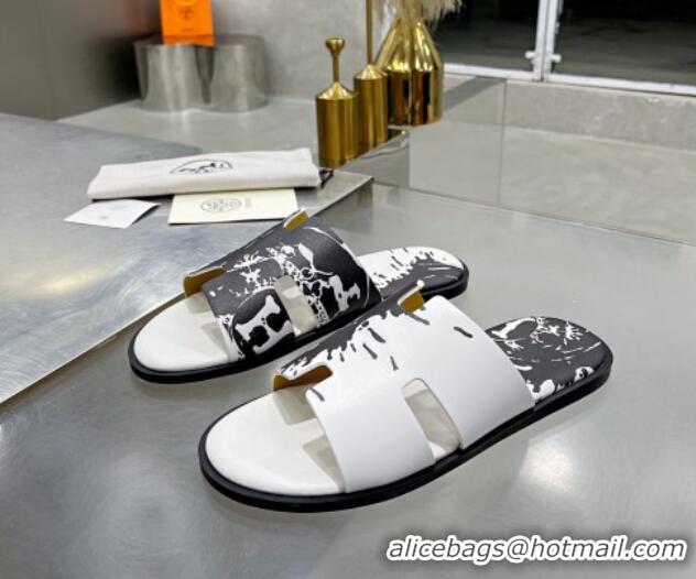 Discount Hermes Men's Izmir Print Leather Flat Slide Sandals 121623 White/Black