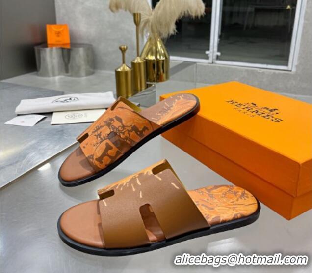 Unique Grade Hermes Men's Izmir Print Leather Flat Slide Sandals 121623 Brown