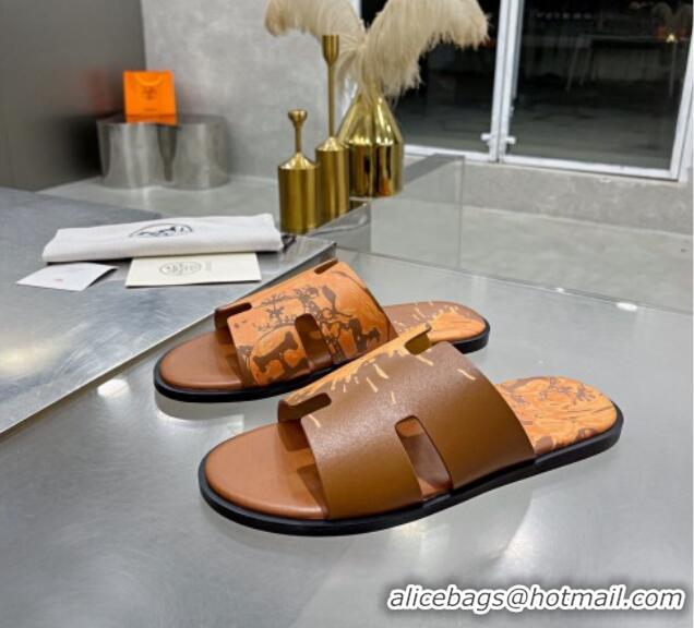 Unique Grade Hermes Men's Izmir Print Leather Flat Slide Sandals 121623 Brown