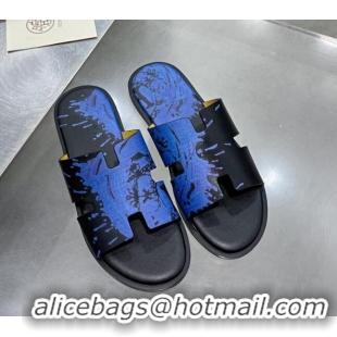 Good Looking Hermes Men's Izmir Print Leather Flat Slide Sandals 121623 Black/Blue