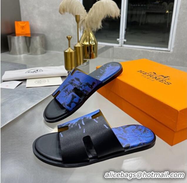 Good Looking Hermes Men's Izmir Print Leather Flat Slide Sandals 121623 Black/Blue