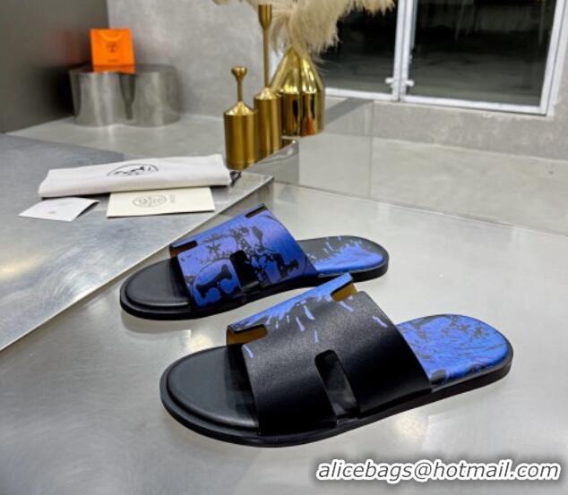 Good Looking Hermes Men's Izmir Print Leather Flat Slide Sandals 121623 Black/Blue