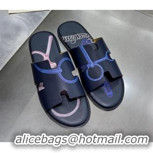 Best Product Hermes Men's Izmir Print Leather Flat Slide Sandals 121623 Dark Blue