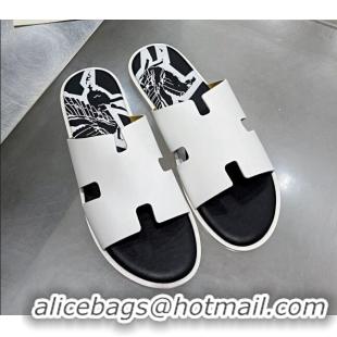 Shop Duplicate Hermes Men's Izmir Print Leather Flat Slide Sandals 121629 White/Black