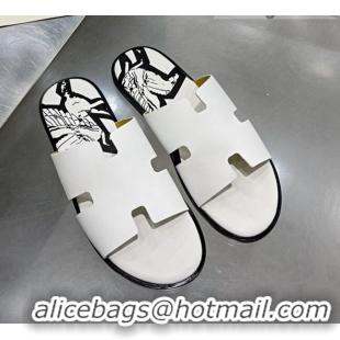 Good Product Hermes Men's Izmir Print Leather Flat Slide Sandals 121631 White/Black