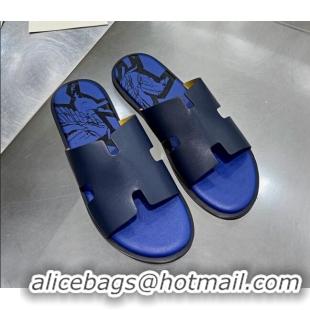 Top Design Hermes Men's Izmir Print Leather Flat Slide Sandals 121631 Dark Blue/Sky Blue