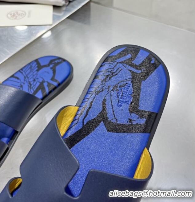 Top Design Hermes Men's Izmir Print Leather Flat Slide Sandals 121631 Dark Blue/Sky Blue