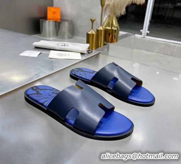 Top Design Hermes Men's Izmir Print Leather Flat Slide Sandals 121631 Dark Blue/Sky Blue