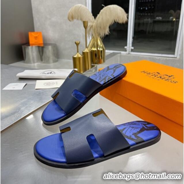 Top Design Hermes Men's Izmir Print Leather Flat Slide Sandals 121631 Dark Blue/Sky Blue