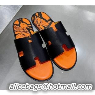  Lower Price Hermes Men's Izmir Print Leather Flat Slide Sandals 121631 Black/Orange