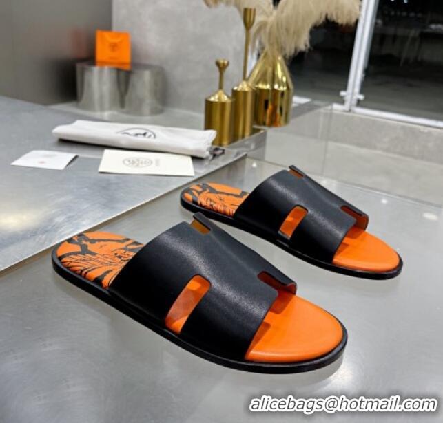  Lower Price Hermes Men's Izmir Print Leather Flat Slide Sandals 121631 Black/Orange