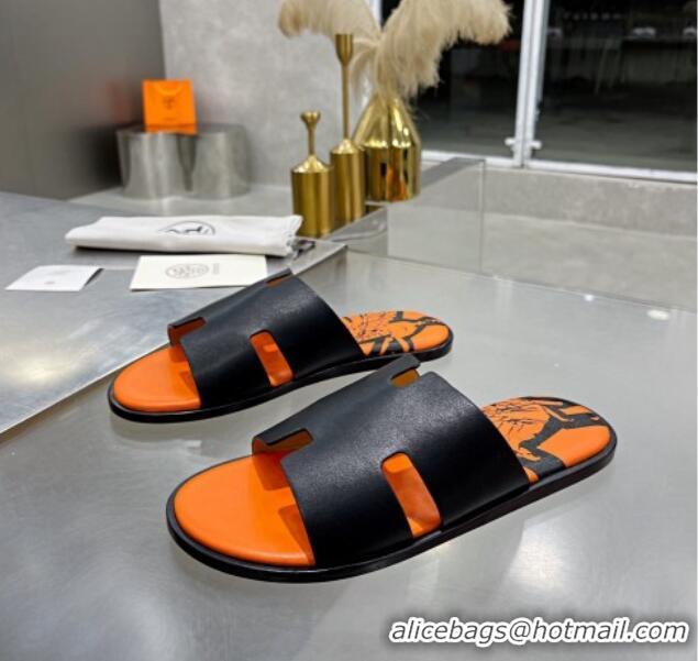  Lower Price Hermes Men's Izmir Print Leather Flat Slide Sandals 121631 Black/Orange