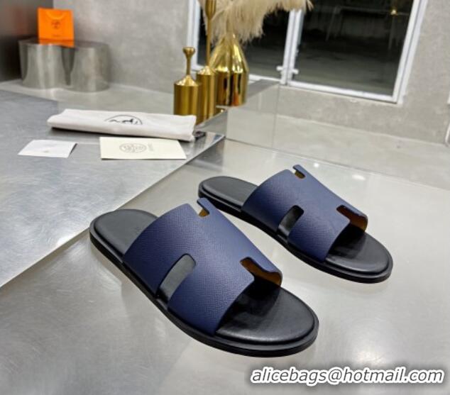 Unique Style Hermes Men's Izmir Palm-Grained Leather Flat Slide Sandals 121634 Dark Blue/Black