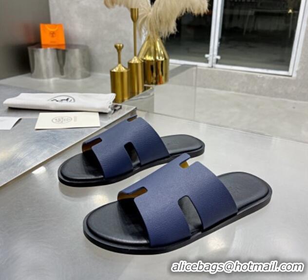 Unique Style Hermes Men's Izmir Palm-Grained Leather Flat Slide Sandals 121634 Dark Blue/Black