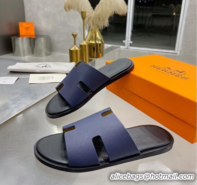 Unique Style Hermes Men's Izmir Palm-Grained Leather Flat Slide Sandals 121634 Dark Blue/Black