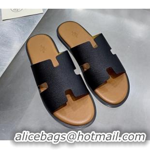 Custom Hermes Men's Izmir Palm-Grained Leather Flat Slide Sandals 121635 Black/Brown