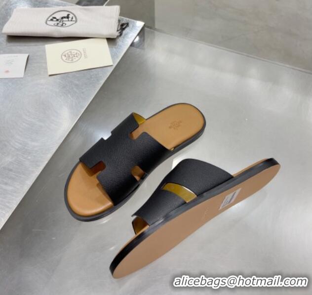 Custom Hermes Men's Izmir Palm-Grained Leather Flat Slide Sandals 121635 Black/Brown