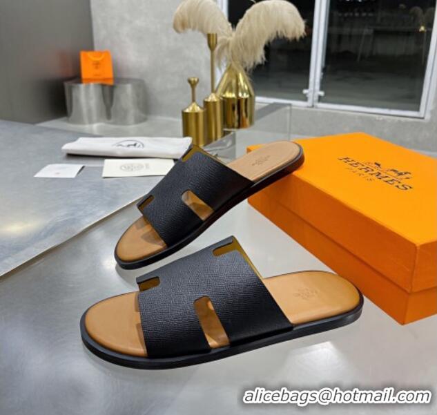 Custom Hermes Men's Izmir Palm-Grained Leather Flat Slide Sandals 121635 Black/Brown