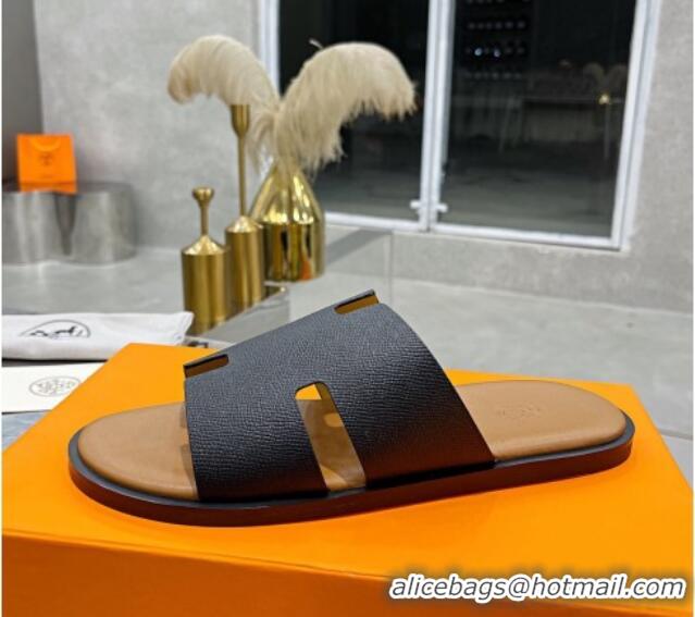 Custom Hermes Men's Izmir Palm-Grained Leather Flat Slide Sandals 121635 Black/Brown