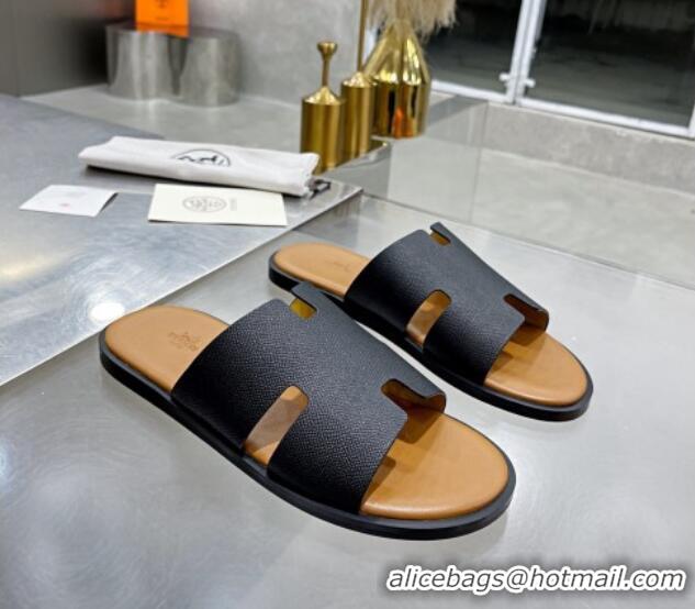 Custom Hermes Men's Izmir Palm-Grained Leather Flat Slide Sandals 121635 Black/Brown