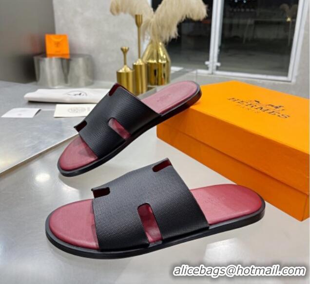 Best Price Hermes Men's Izmir Palm-Grained Leather Flat Slide Sandals 121635 Black/Burgundy 