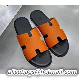 Unique Grade Hermes Men's Izmir Litchi-Grained Leather Flat Slide Sandals 121637 Orange/Black