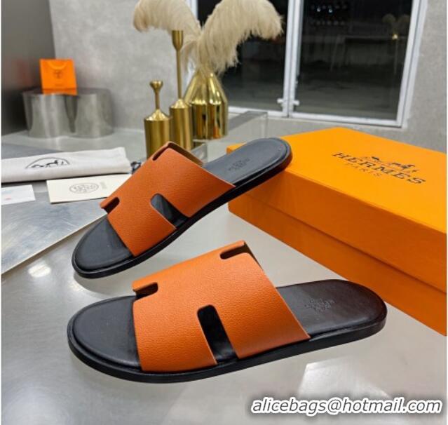 Unique Grade Hermes Men's Izmir Litchi-Grained Leather Flat Slide Sandals 121637 Orange/Black